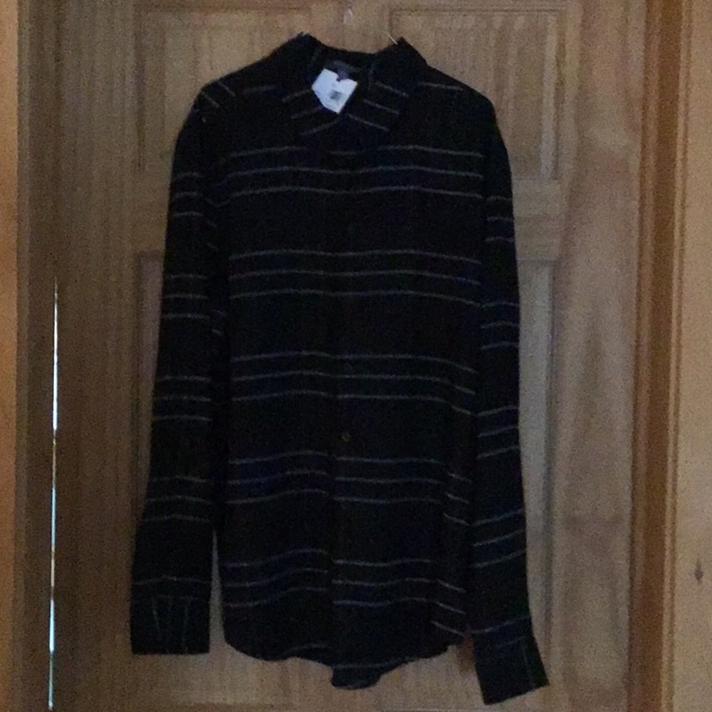 Black stripped button up shirt with white and red stripes